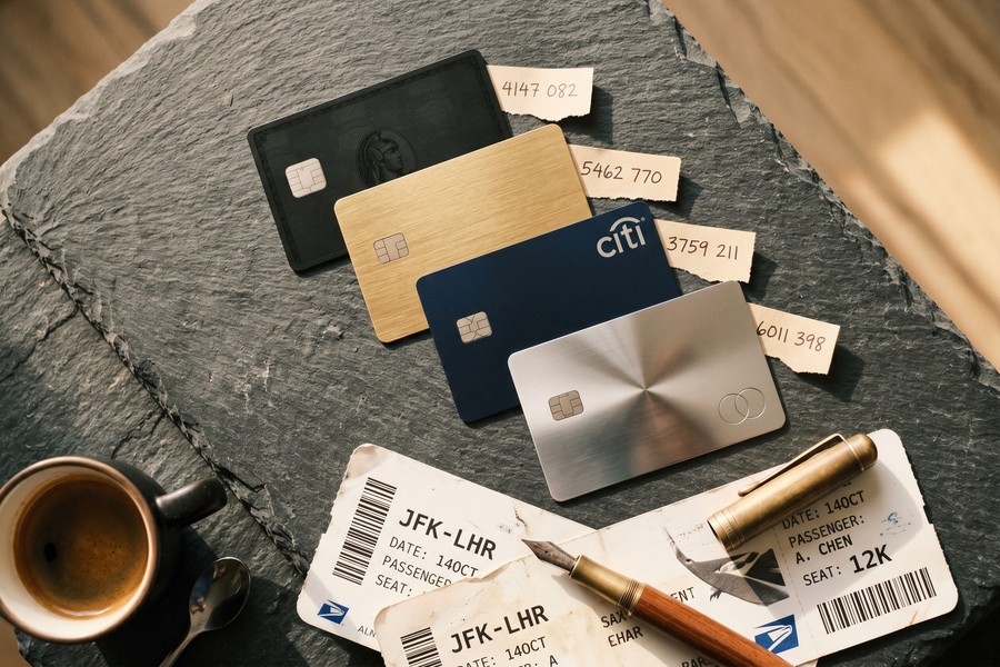 Side-by-side display of top airport lounge access cards on a wooden desk