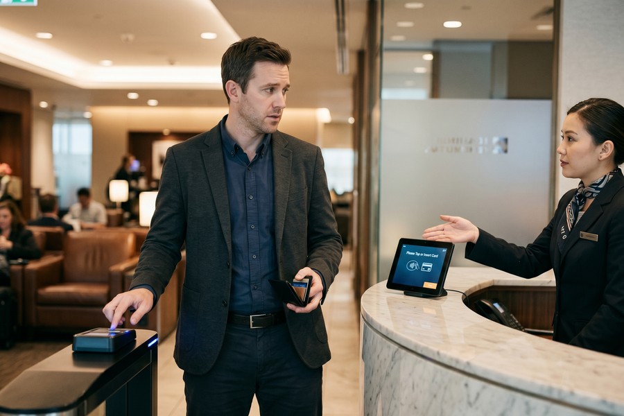 Interior of a modern airport lounge with seating, food stations, and city views