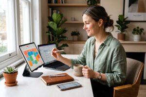 Solo service provider using appointment scheduling app on laptop and smartphone