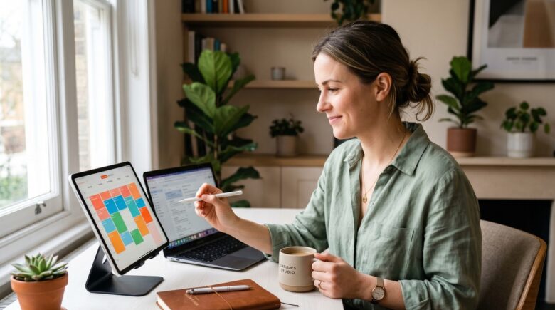 Solo service provider using appointment scheduling app on laptop and smartphone
