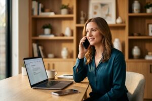Solopreneur using a business phone number app on smartphone at a desk