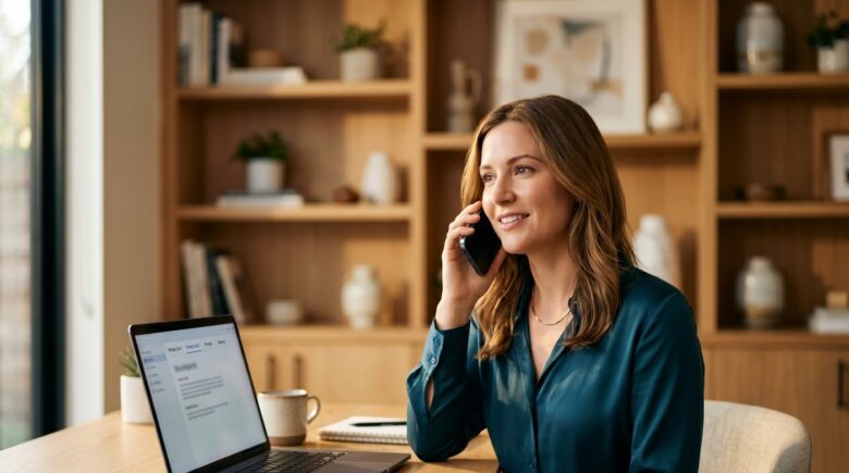Solopreneur using a business phone number app on smartphone at a desk