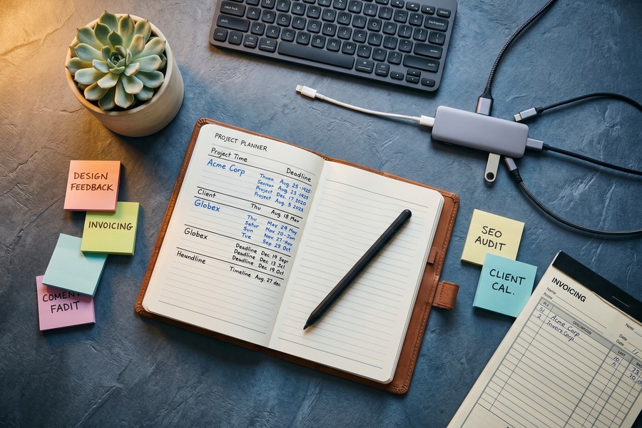 A freelancer's branded client portal dashboard showing active projects, invoices, and file uploads