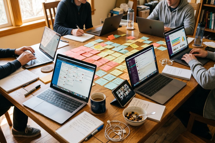 Remote team collaborating on a shared client dashboard across multiple time zones