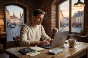 compact travel router on a desk next to a laptop for remote work
