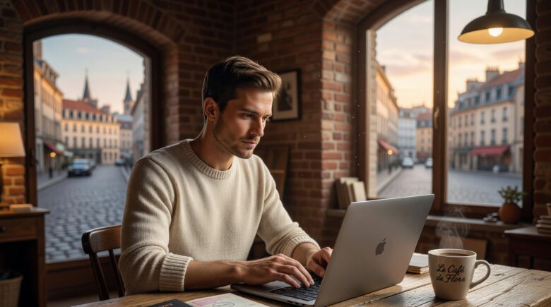compact travel router on a desk next to a laptop for remote work
