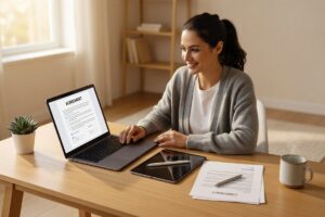 Freelancer reviewing contract management app on laptop to collect client signatures digitally
