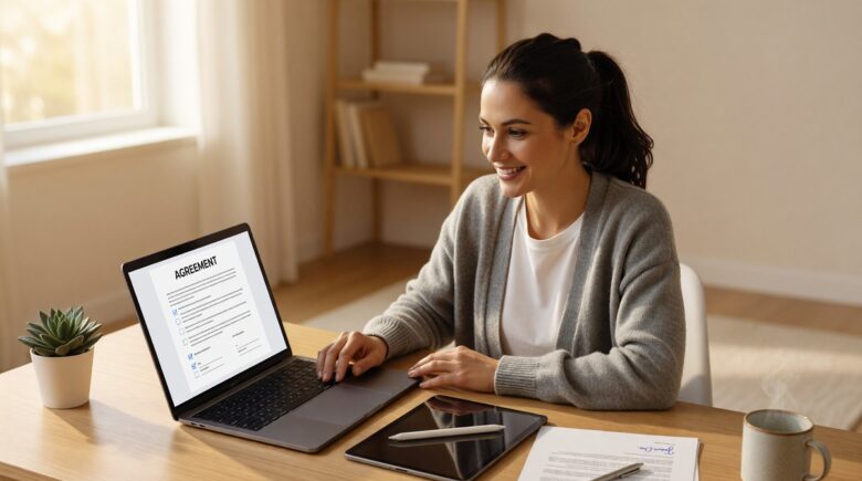 Freelancer reviewing contract management app on laptop to collect client signatures digitally