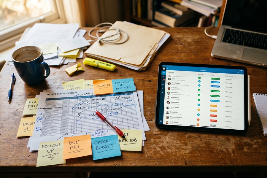 Side-by-side visual comparing a cluttered spreadsheet to a clean CRM pipeline dashboard