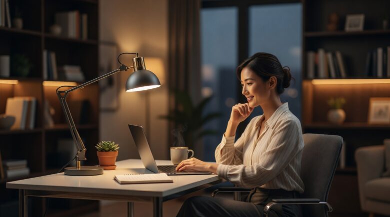 Best desk lamps for eye strain placed on a home office desk during a long work session