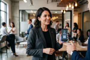 Professional using a digital business card app on smartphone during a networking event