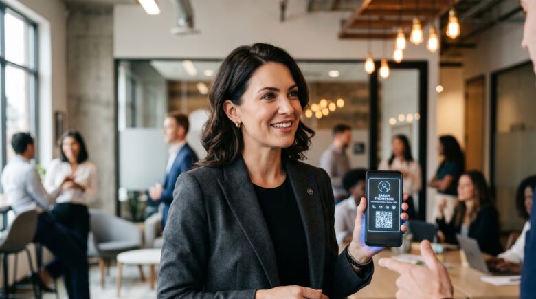 Professional using a digital business card app on smartphone during a networking event