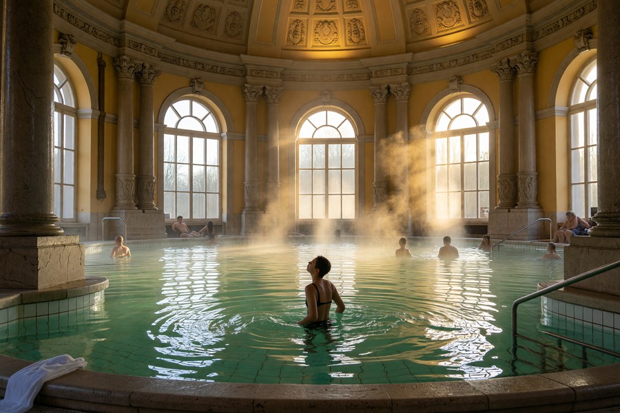 Solo traveler sitting at a ruin bar in Budapest's 7th district at night