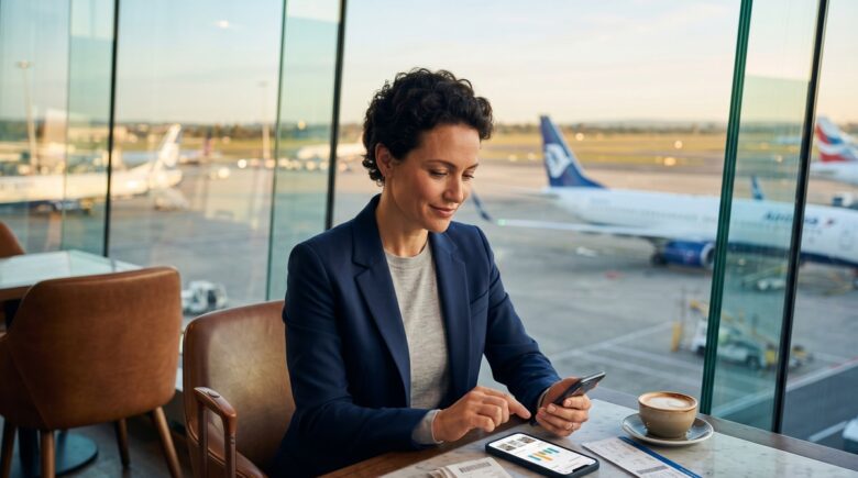 Business owner using an expense tracking app on a smartphone while traveling