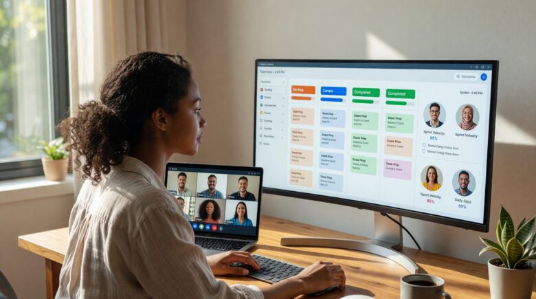 Remote team collaborating using free project management tools on laptops