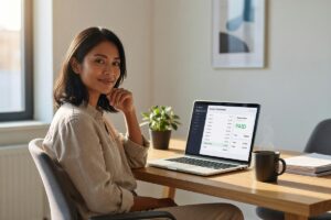 Freelancer reviewing best invoicing apps on a laptop to manage payments and send invoices