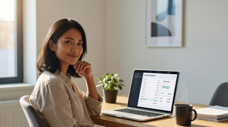 Freelancer reviewing best invoicing apps on a laptop to manage payments and send invoices