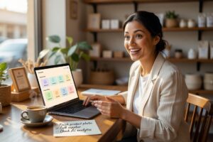 Small business owner using no-code AI tools on a laptop