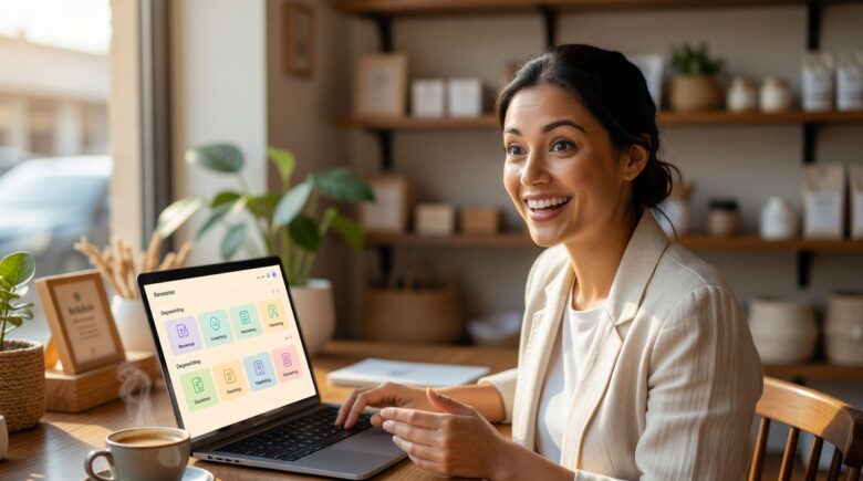 Small business owner using no-code AI tools on a laptop