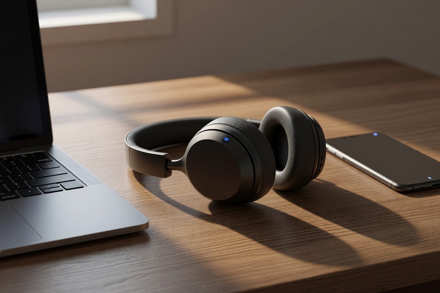 Bluetooth settings screen on a laptop next to Anker Soundcore Q45 headphones during setup