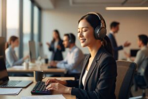 Person wearing noise-cancelling headphones working at a desk in a busy open-plan office