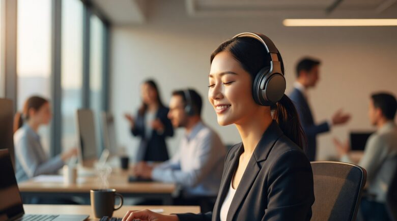 Person wearing noise-cancelling headphones working at a desk in a busy open-plan office
