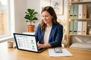 Small business owner using a payroll app on a laptop to manage employee payments without an HR department