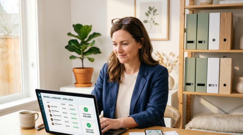 Small business owner using a payroll app on a laptop to manage employee payments without an HR department