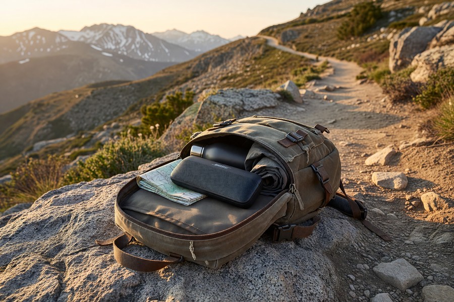 Side-by-side comparison of top portable Bluetooth travel speakers on a wooden surface outdoors