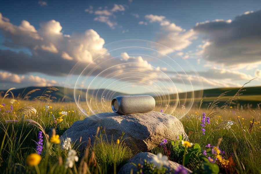 Portable Bluetooth speaker placed on a rock beside a mountain trail at sunset
