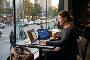 Portable monitor connected to a laptop for dual screen setup on the go