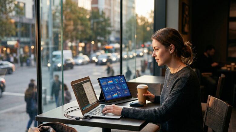 Portable monitor connected to a laptop for dual screen setup on the go