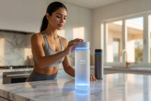 Smart water bottles with hydration tracking display and LED reminder glow ring on a desk