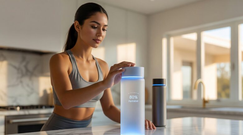 Smart water bottles with hydration tracking display and LED reminder glow ring on a desk