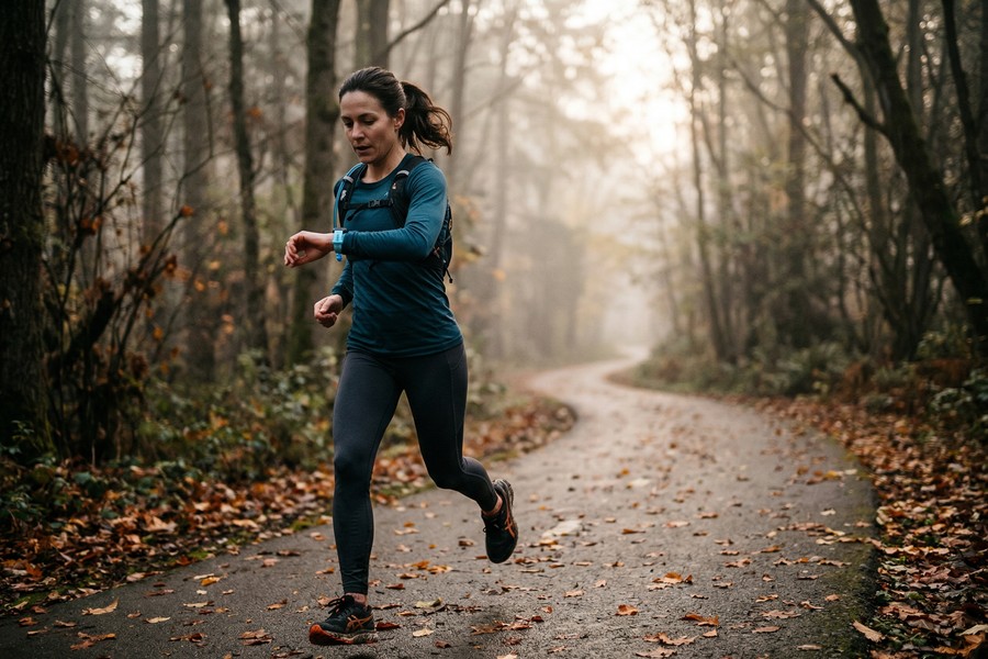 Garmin Forerunner 55 on a runner's wrist during an outdoor trail run