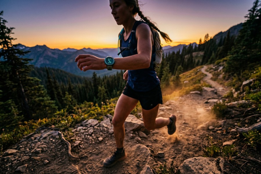 Side-by-side comparison of four fitness smartwatches on a flat surface showing display differences