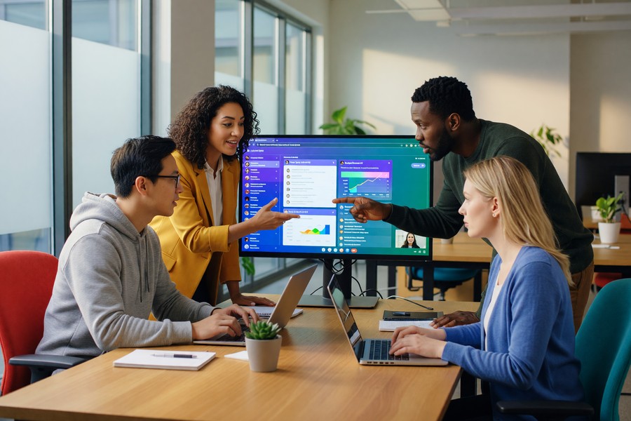 Side-by-side interface comparison of Slack, Microsoft Teams, and Google Chat dashboards