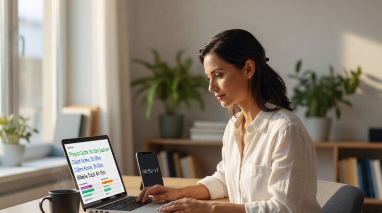 Consultant using a time tracking app on laptop to log billable hours