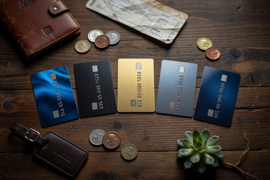 Side-by-side comparison of five premium travel credit cards with rewards charts and benefit icons