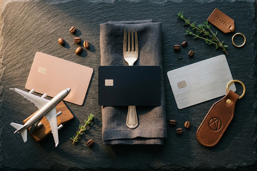 Infographic showing travel card stacking strategy with earning rates across spending categories