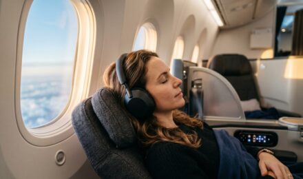Traveler wearing travel noise-canceling headphones on a long-haul flight
