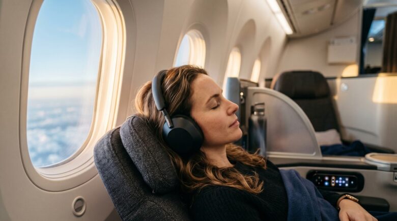 Traveler wearing travel noise-canceling headphones on a long-haul flight