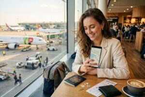 Best travel SIM cards for international travelers displayed on a world map with a smartphone