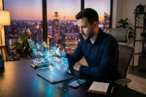 Blockchain technology concept with financial charts and digital coins representing personal finance