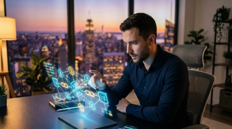 Blockchain technology concept with financial charts and digital coins representing personal finance