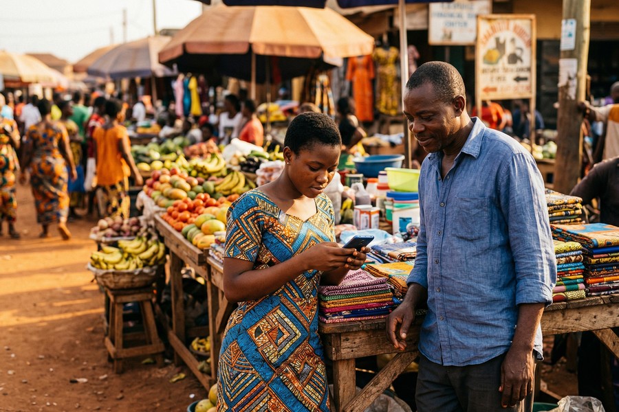 Mobile phone user in an emerging market accessing a blockchain wallet app for payments