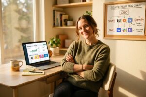 Bootstrapped founder managing business operations with a small business app stack on a laptop