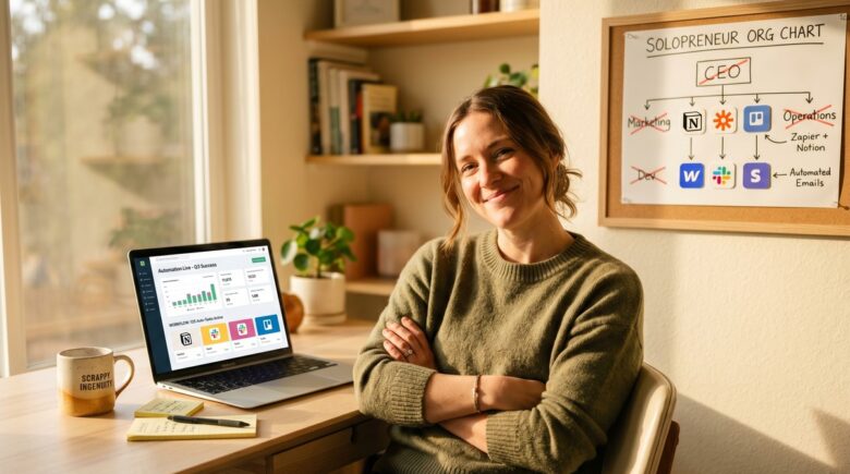 Bootstrapped founder managing business operations with a small business app stack on a laptop