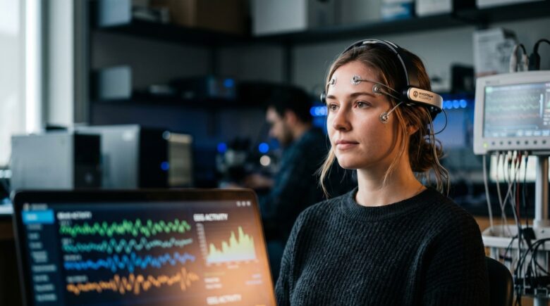 Person using a brain-computer interface device in a real-life clinical setting
