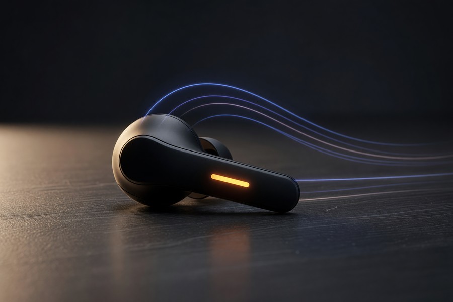 Wireless earbud charging case open on a desk showing battery indicator lights
